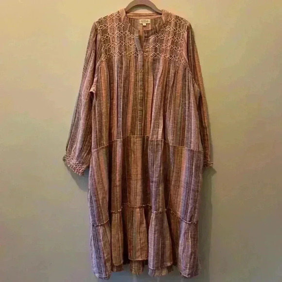 Novica Striped Embroidered Cotton A-Line Dress SZ Large - Picture 2 of 6